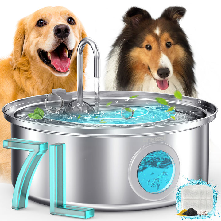 oneisall Drinkfontein voor honden, 7 liter, roestvrijstalen hondenfontein met groot kijkvenster, waterdispenser met ledlicht, ultralichte pomp met overbelastingsbeveiliging, 5-laagse filtratie