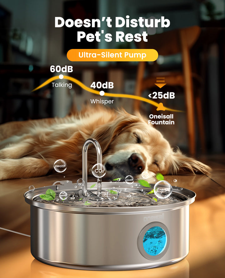 oneisall Drinkfontein voor honden, 7 liter, roestvrijstalen hondenfontein met groot kijkvenster, waterdispenser met ledlicht, ultralichte pomp met overbelastingsbeveiliging, 5-laagse filtratie