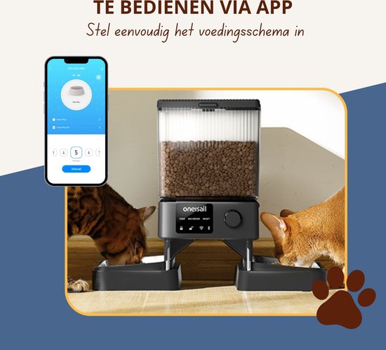 Oneisall Automatische voerbak PFD-002 Pro CW15008 - Automatische Voerbak - Voerautomaat dispenser - Draadloos - Kat en hond - Droogvoer - Nauwkeurige Portiecontrole - 5L Reservoir - Geschikt voor 2 Katten - Met App