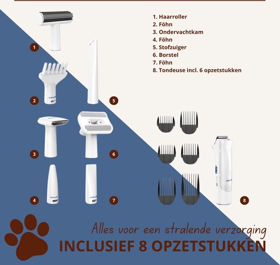 Oneisall Kyle Cozy-C1 - 8-in-1 Hondentondeuse Kit - Professionele Honden trimset - Dierentrimmer - Zuigen en Trimmen - Katten en honden - 2,5L Opvangbak - Hondenfohn - Stofzuiger voor Dierenharen