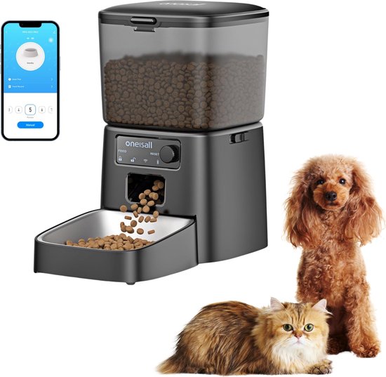 Oneisall Smart Voerbak PFD-001 Pro CW15010 - Met WiFi-verbinding - Automatische Voerbak - Draadloos - Zwart - Voerautomaat dispenser - Kat en hond - Droogvoer - Nauwkeurige Portiecontrole - 3,5L Reservoir - Met App