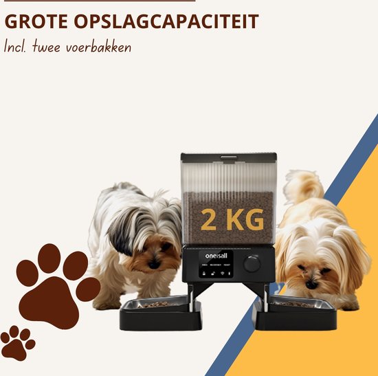 Oneisall Automatische voerbak PFD-002 CW15006 - Automatische Voerbak - Voerautomaat dispenser - Draadloos - Kat en hond - Droogvoer - Nauwkeurige Portiecontrole - 5L Reservoir - Geschikt voor 2 Katten