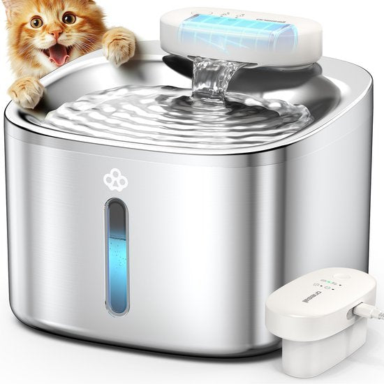Oneisall PW04-Draadloze Kattenfontein, 5000mAh Batterijgevoed, 3,5L Drinkfontein voor Katten met Bewegingssensor, RVS Kattendrinkfontein, Stille Waterpomp, 3 Filters