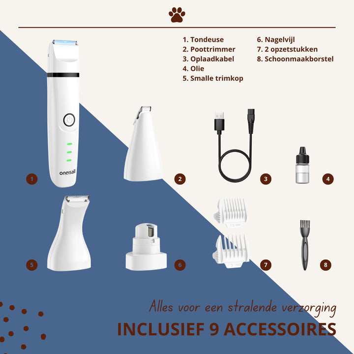 Oneisall 4-in-1 Stille Dierentondeuse voor Kat en Hond - Honden Trimset - Katten trimmer - Hondentondeuse & Hondentrimmer - Wit