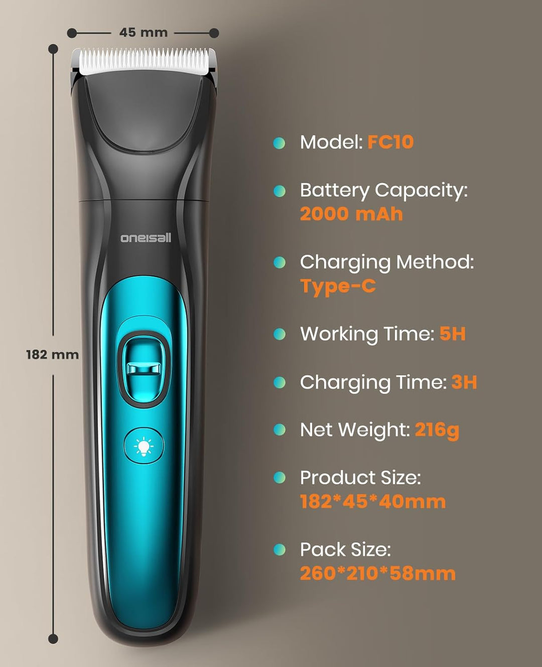 Oneisall 4-in-1 Dierentrimmer – Hondentrimmer & Katten trimmer met LED-licht, Poottrimmer, Nagelvijl & Gebogen Mes – Stille Hondentondeuse – 2000 mAh Oplaadbaar – Kat en hond tondeuse