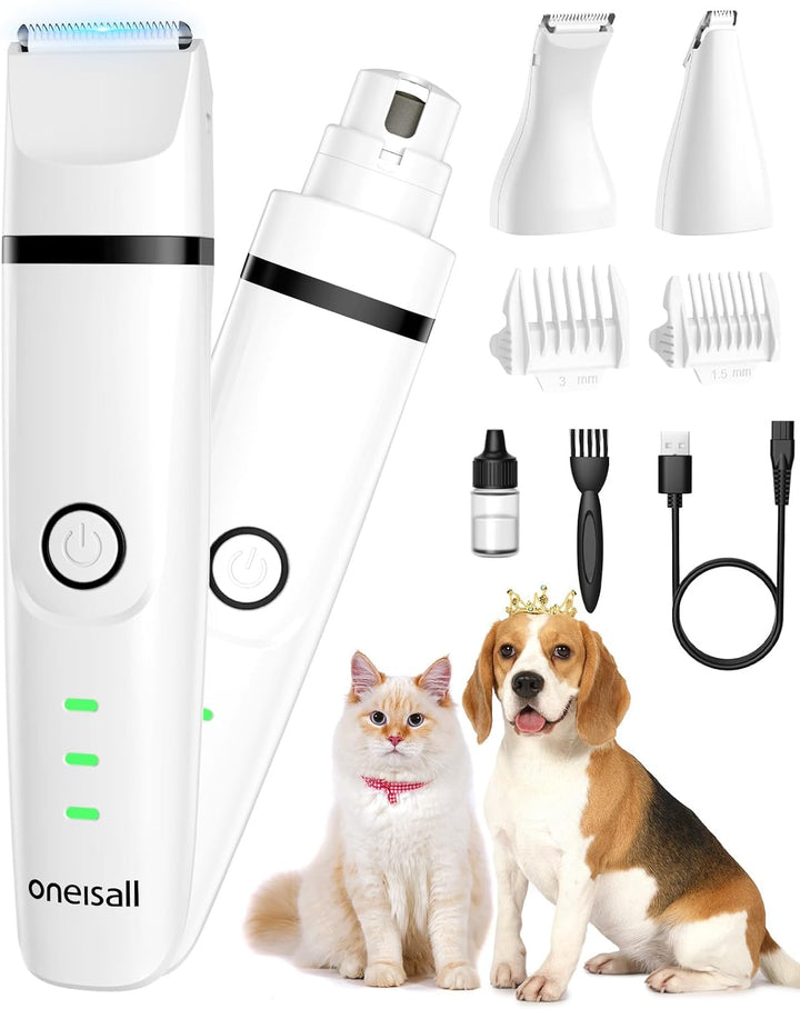 Oneisall 4-in-1 Silent Pet Clipper for Cats and Dogs - Dog Grooming Set - Cat Groomer - Dog Groomer &amp; Dog Trimmer - White