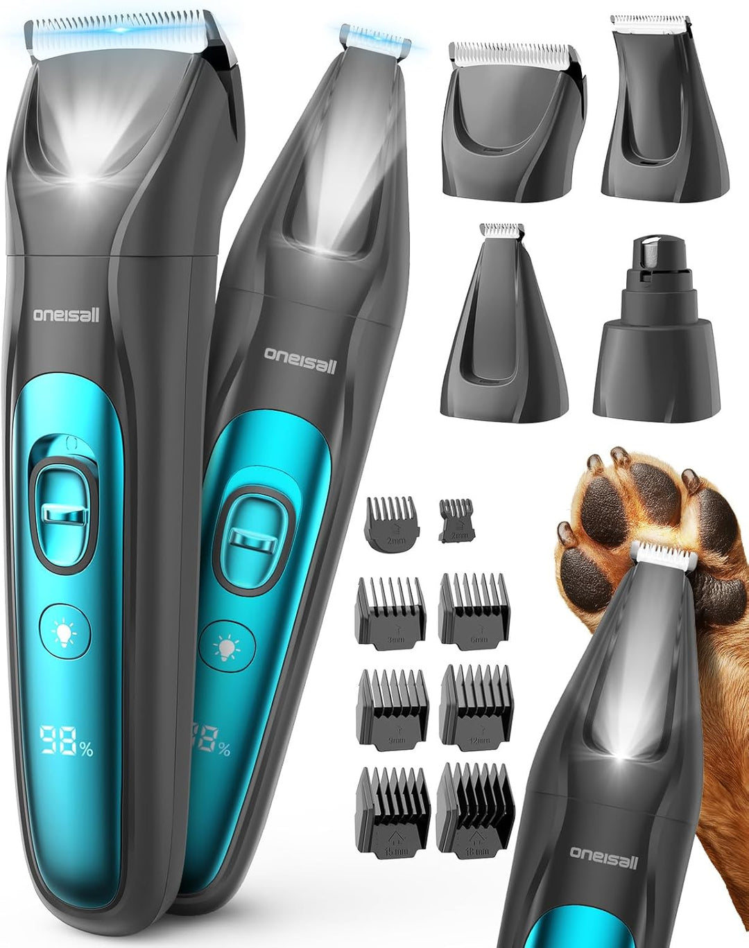 Oneisall 4-in-1 Dierentrimmer – Hondentrimmer & Katten trimmer met LED-licht, Poottrimmer, Nagelvijl & Gebogen Mes – Stille Hondentondeuse – 2000 mAh Oplaadbaar – Kat en hond tondeuse