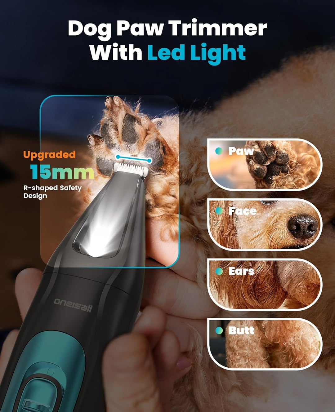 Oneisall 4-in-1 Dierentrimmer – Hondentrimmer & Katten trimmer met LED-licht, Poottrimmer, Nagelvijl & Gebogen Mes – Stille Hondentondeuse – 2000 mAh Oplaadbaar – Kat en hond tondeuse