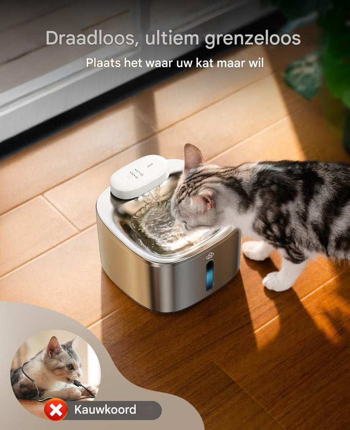 Oneisall PW04-Draadloze Kattenfontein, 5000mAh Batterijgevoed, 3,5L Drinkfontein voor Katten met Bewegingssensor, RVS Kattendrinkfontein, Stille Waterpomp, 3 Filters